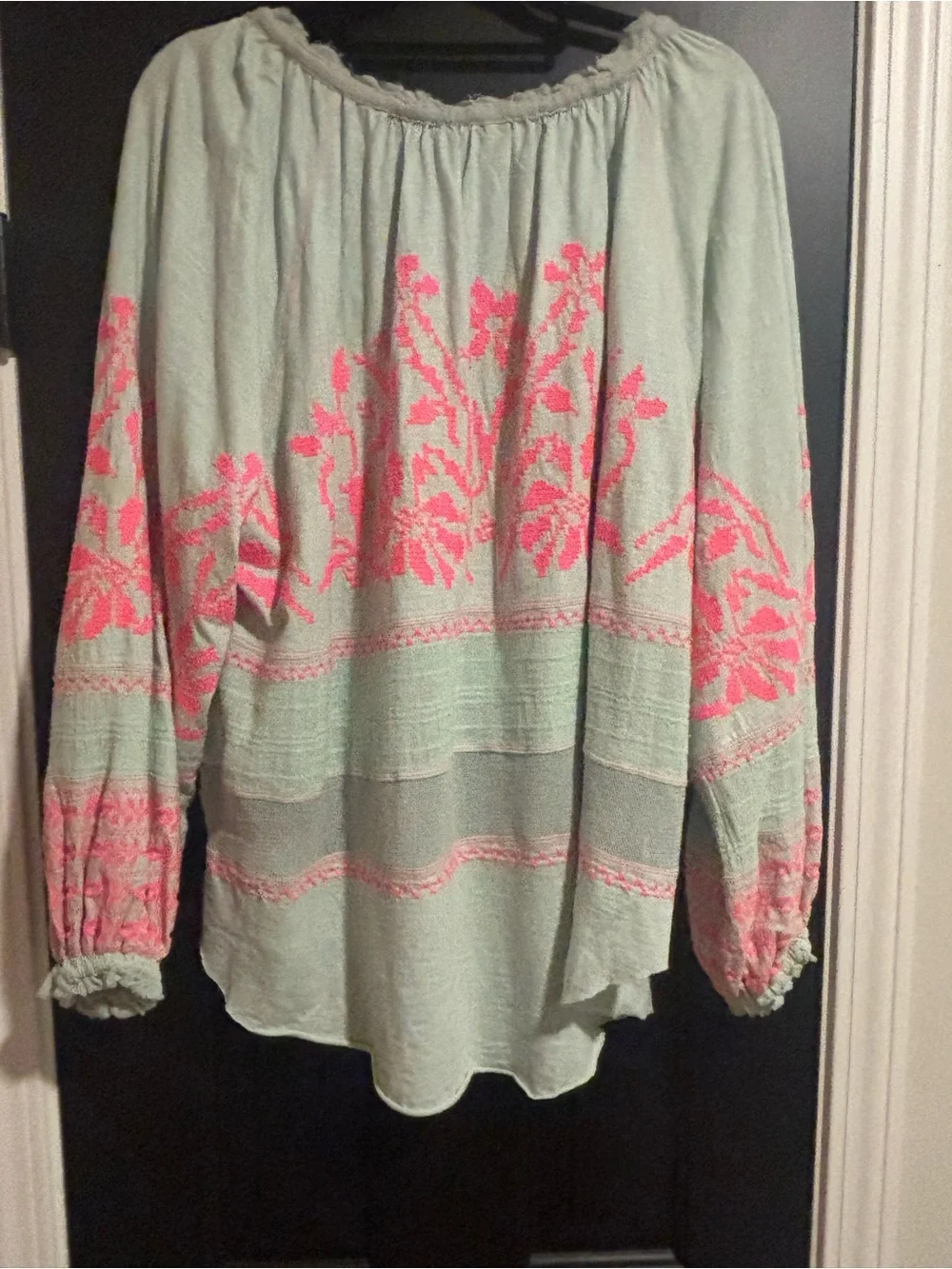 Free People Mint Peasant Blouse with Pink Embroidery